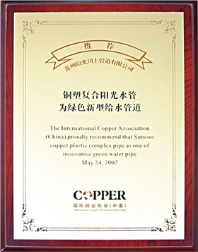 國際銅業(yè)協(xié)會推薦&ldquo;陽光水管&rdquo;為綠色新型給水管道